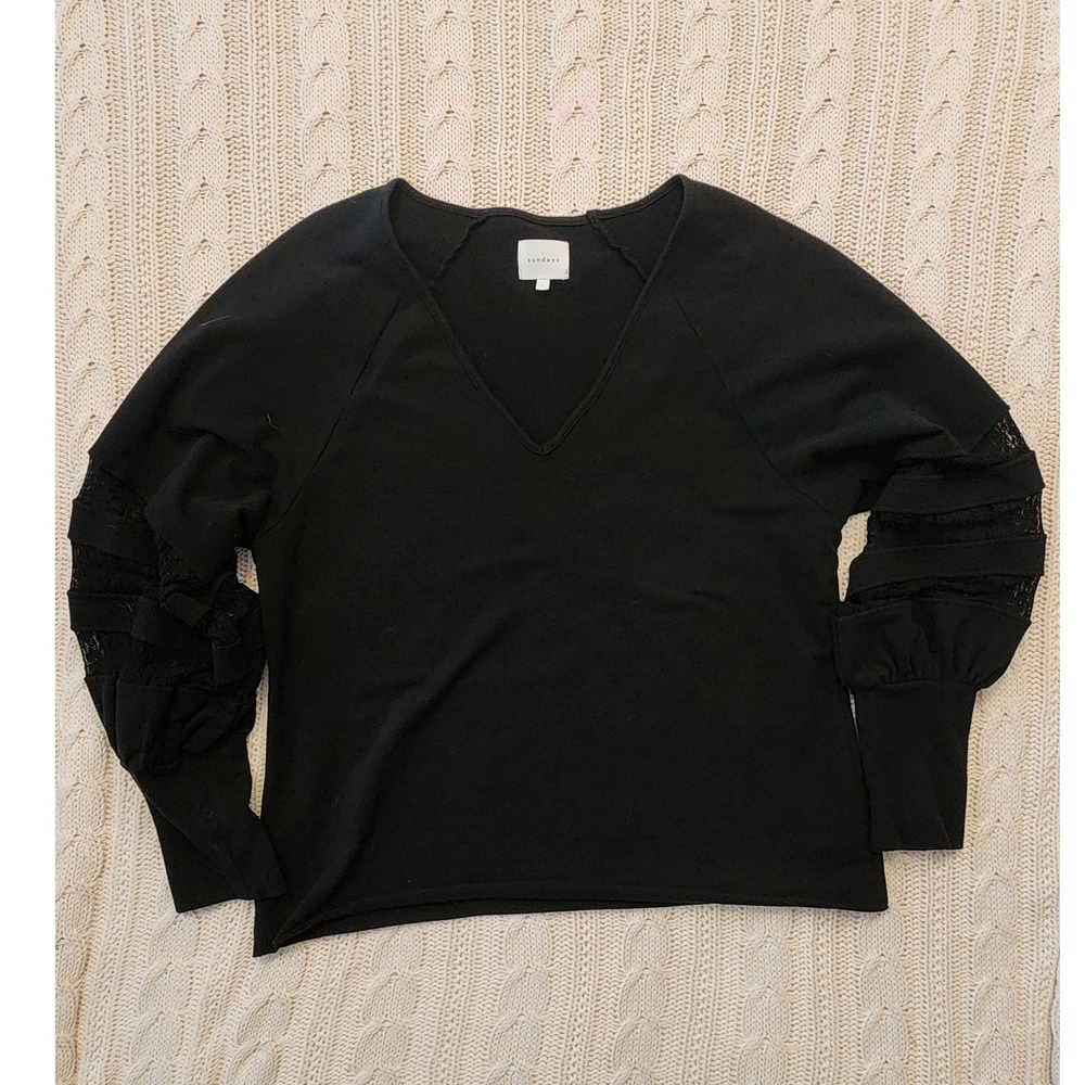 Sundays Black Ruffle Lace Balloon Sleeve V-Neck Sweatshirt Top Size 3 Large